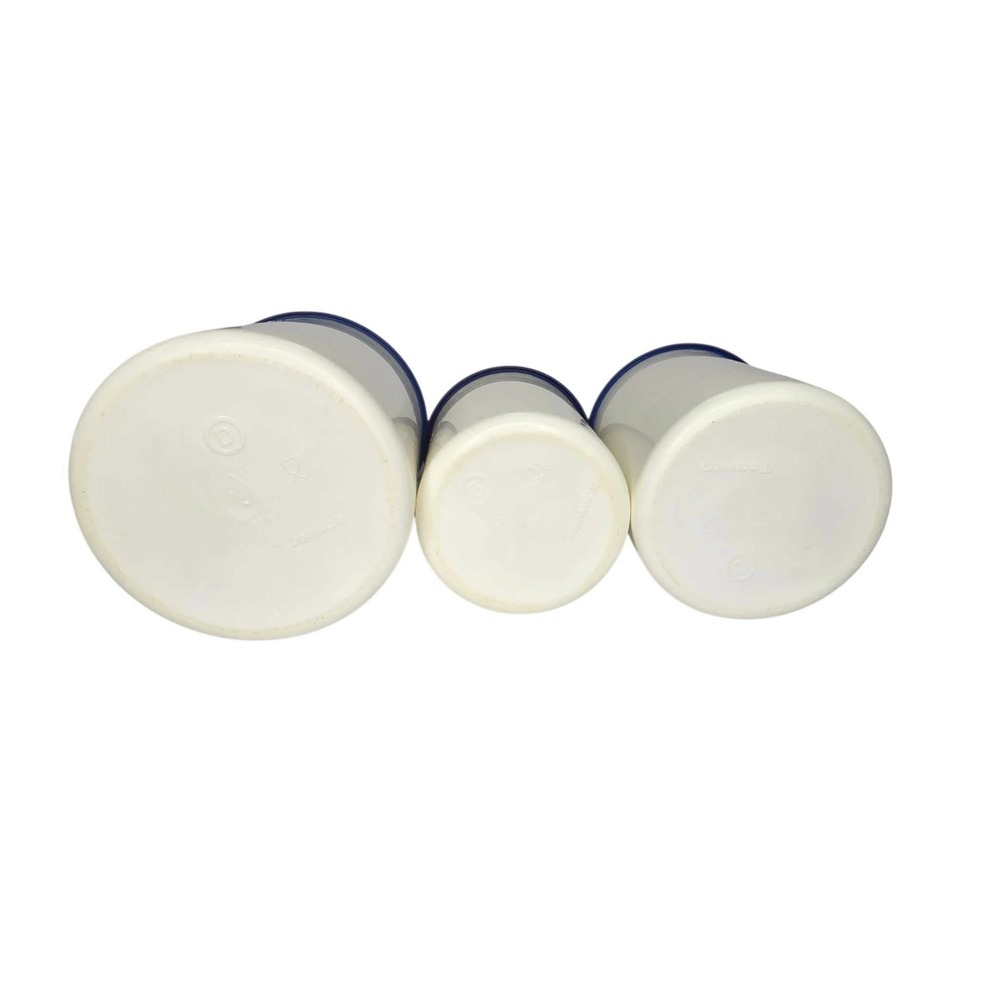 Vintage Tupperware One Touch Canister Set White Blue Lids Set of 3 - Picture 4 of 6